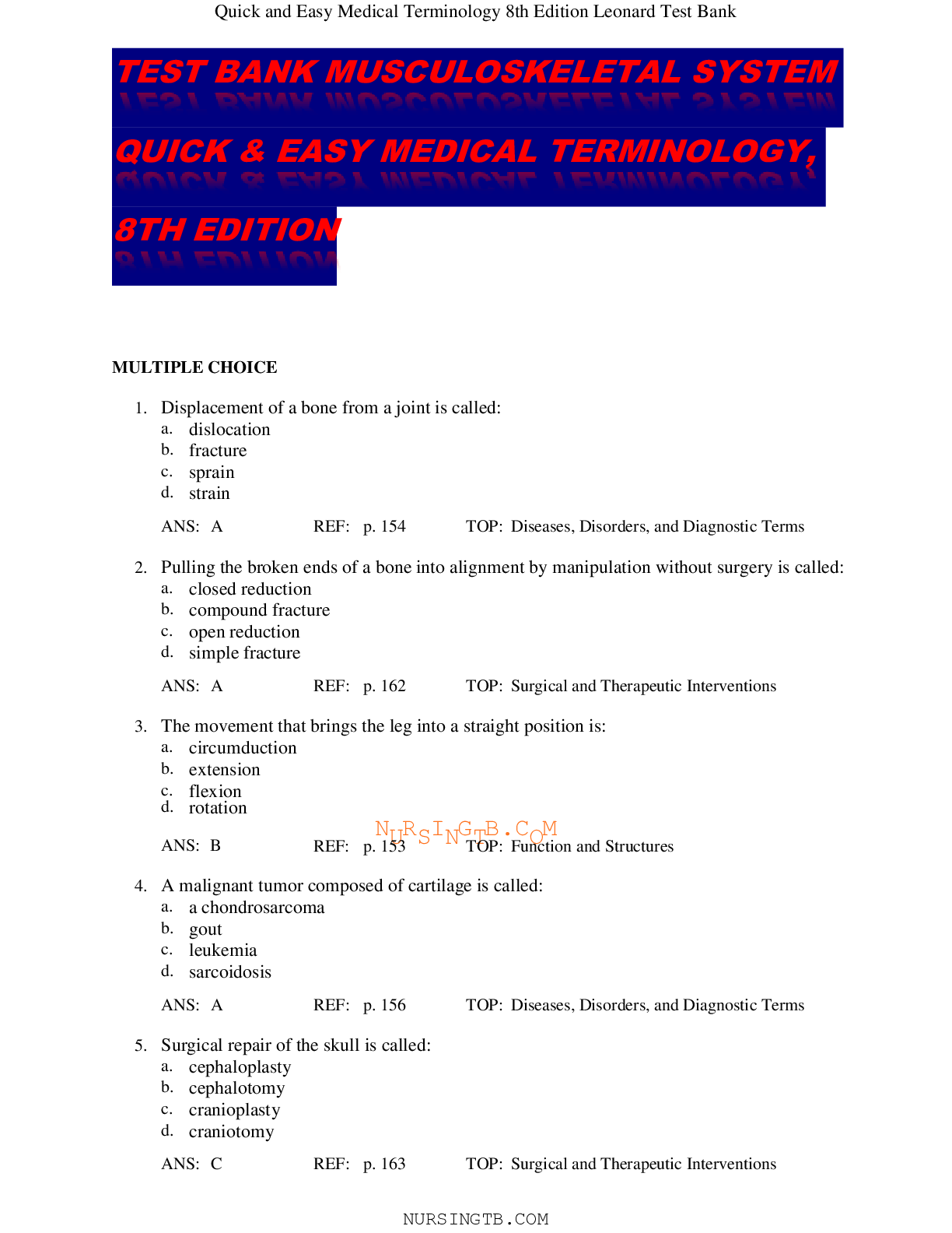 Preview of TEST BANK MUSCULOSKELETAL SYSTEM QUICK & EASY MEDICAL TERMINOLOGY, 8TH EDITION
